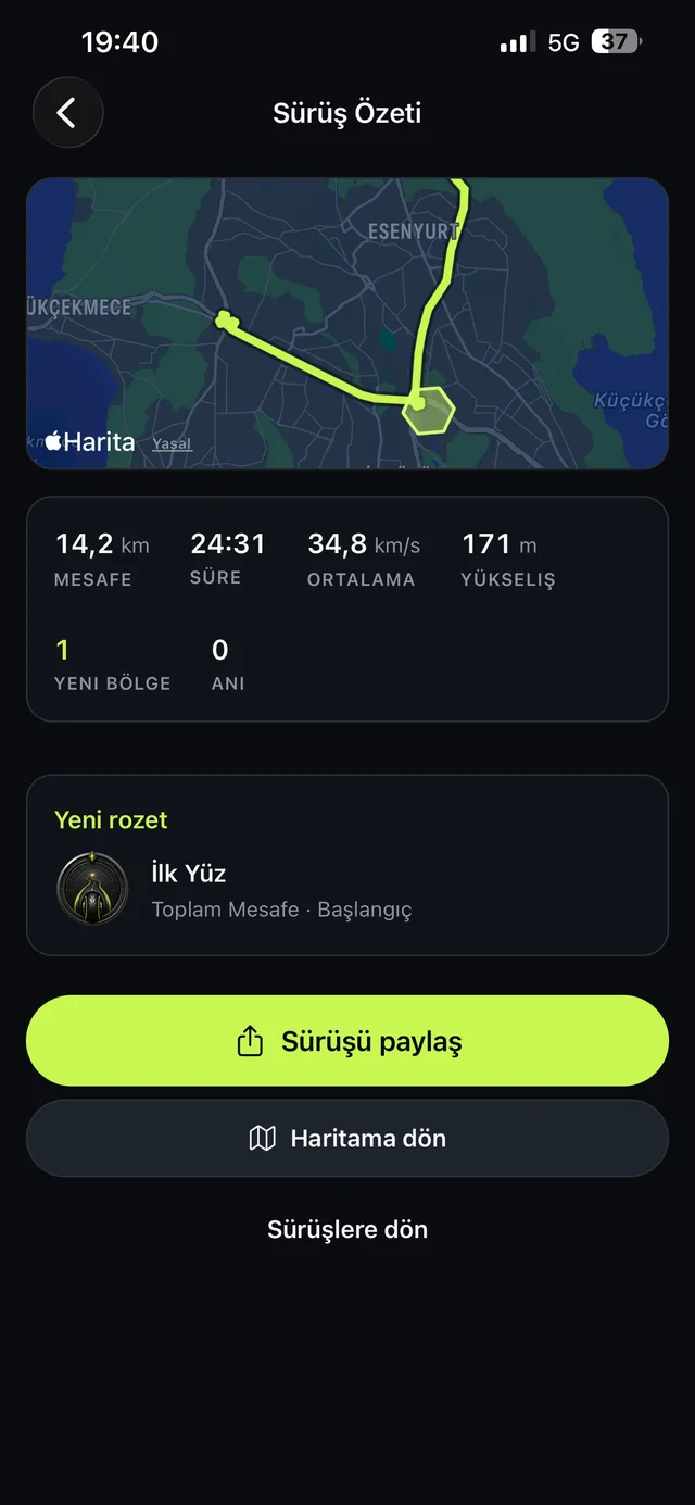 Motorizon sürüş özeti: 14,2 kilometre, 24 dakika 31 saniye, 171 metre yükseliş ve yeni kazanılan rozet