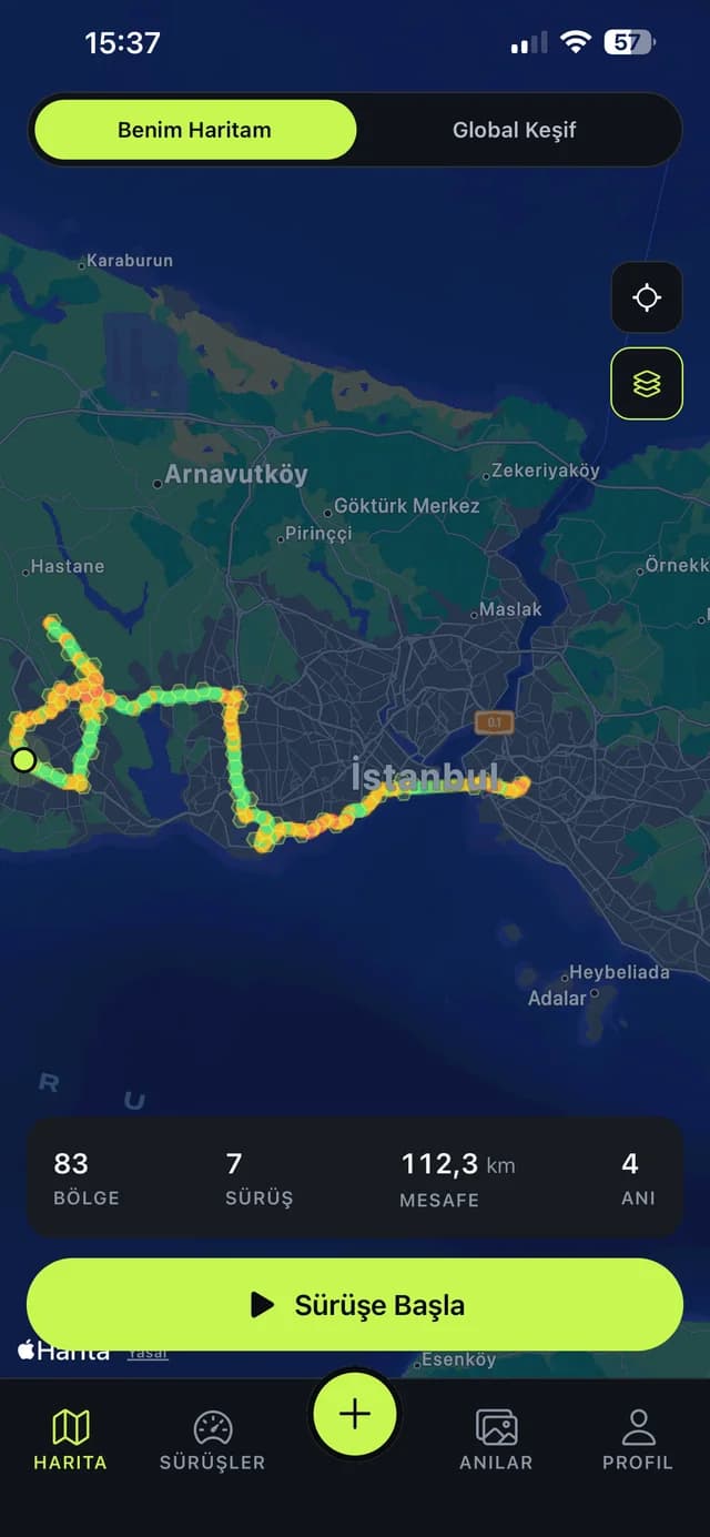 Motorizon keşif haritası: İstanbul üzerinde sürülerek açılmış altıgen bölgeler